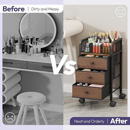 SWTYMIKI Rolling Makeup Organizer Cart - Under Desk Vanity Makeup Storage with 3 Non-woven Drawers, Nail Cart Organizer Cosmetic Display Cases Cabinet for Skin Care Perfume Nail Polish Brush Hair Tool