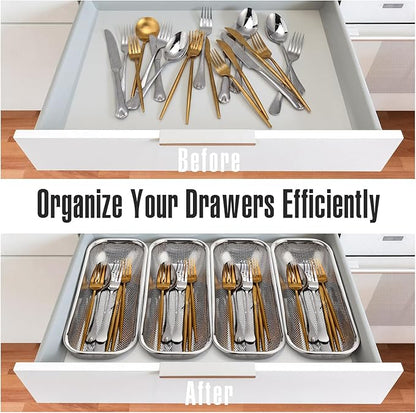 12 Pack Drawer Organizer for Kitchen Utensils, Stackable Rapid Draining Cutlery Stainless Steel Tray, Space-Saving Flatware Organizer for Spoons Forks Chopsticks, Dishwasher Safe(Silver)