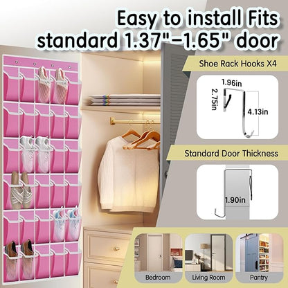 Kotkn Over the Door Shoe Organizer with 30 Breathable Mesh Pockets - Large Capacity Closet Storage for Men & Women, Hanging Shoe Rack Organizer (Pink)