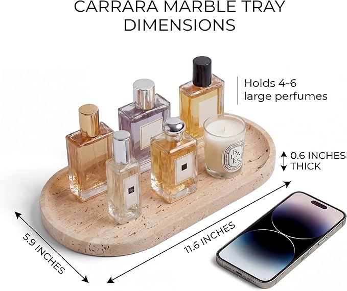 YKAJO Oval Real Marble Tray for Bathroom Kitchen Counter Stone Decorative Vanity Tray for Dresser Perfume Heavy Catchall Organizer for Soap Jewelry (Natural Travertine Beige, 11.8" x 5.9")