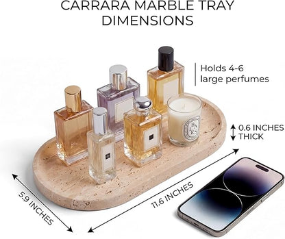 YKAJO Oval Real Marble Tray for Bathroom Kitchen Counter Stone Decorative Vanity Tray for Dresser Perfume Heavy Catchall Organizer for Soap Jewelry (Natural Travertine Beige, 11.8" x 5.9")