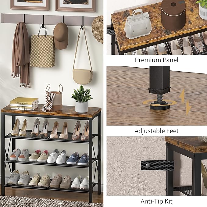 4 Tier Shoe Rack, Metal Shoe Organizer with Wooden Top, Shoe Shelf for Entryway Closet Door Entrance, Rustic Brown