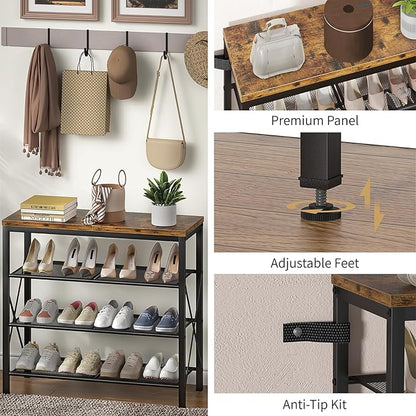 4 Tier Shoe Rack, Metal Shoe Organizer with Wooden Top, Shoe Shelf for Entryway Closet Door Entrance, Rustic Brown