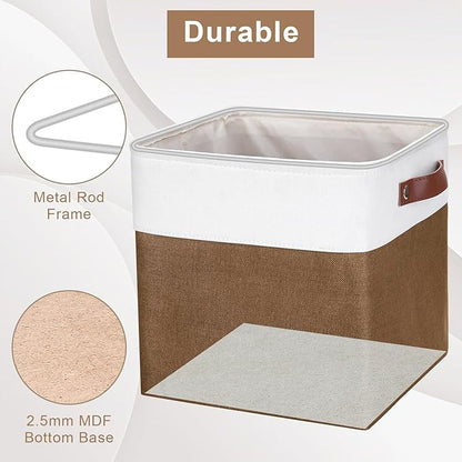 Bagnizer Collapsible Fabric Storage Cubes 11x11 Cube Storage Bins, 4 Pack Closet Baskets Box with Handles for Organizing, Shelf, Toys, Clothes, Home, Office, Nursery (Brown&White)