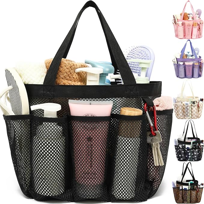 Fammart Mesh Shower Caddy Portable for College Dorm Room Essentials, Odorless Polyester Large Shower Tote Bag with Dual Handles, 8-Pocket Quick-Dry Toiletry Organizer for Travel, Beach, Camping, Gym