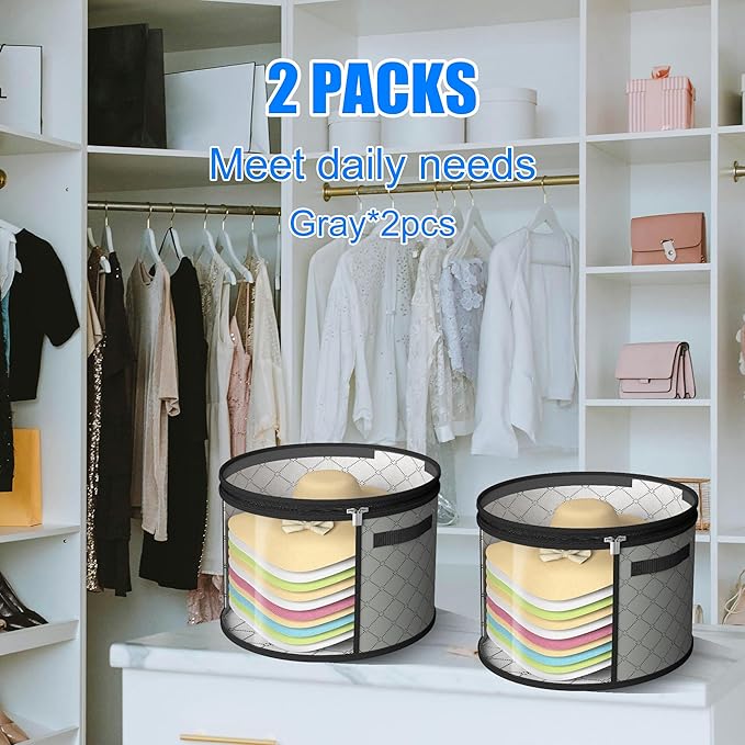 Veki 2pack Clear Hat Organizer for Closet, Hat Boxes for Women Storage With Dustproof Lids, Hat Box for Travel and Storage, Cowboy Hat, Stackable Round Brim Hats Organizer Bag Container (Gray)