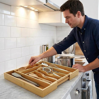 Expandable Bamboo Silverware Drawer Organizer - 20" Extra Wide Cutlery Tray with 9 Deep Compartments - 17.3" Length Large Utensil Holder & Kitchen Drawer Divider (Natural)