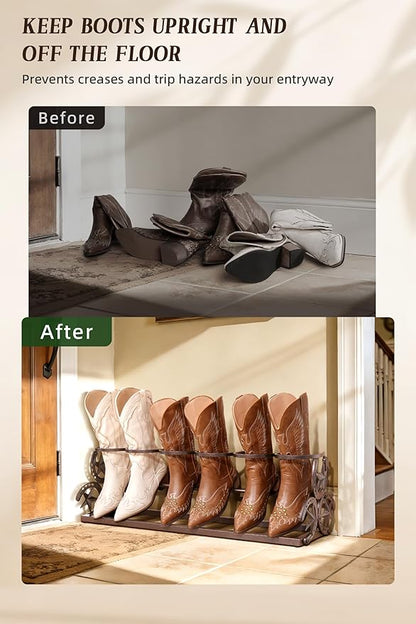 Western Horseshoe Boot Rack, 3 Pairs Freestanding Metal Boot Stand, Adjustable Cowboy Boot Organizer with Texas Star Ends for Entryway Bedroom Living Room Decor, Gift for Cowboy Boot Lovers, Bronze