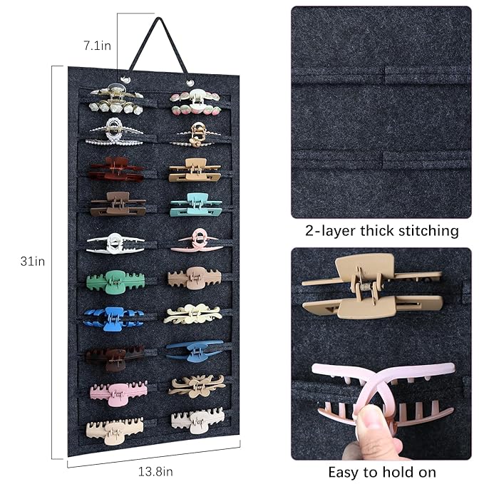 SMUK Claw Clip Organizer for Women, Hanging Mount Hair Clips Holder Organizer for Girls, Hair Bow Claw Clip Stand Storage for Wall, Door, Closet, Horizontal Dark Gray