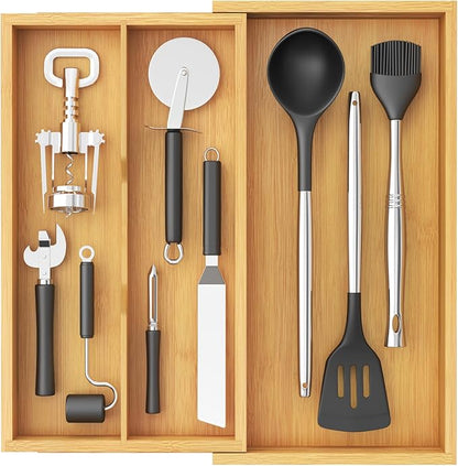 Lifewit Utensil Organizer for Kitchen Drawer, Expandable Cooking Utensil Tray, Cutlery Silverware Flatware Holder, Wood Adjustable Spatula Tools Storage Divider, 8.9-15.8 x 15.75, Natural