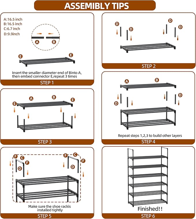 6 Tier Shoe Rack, Shoe Rack for Closet, Shoe Organizer for Entryway, Shoe Storage for Front Door Entrance & Entryway, Large Shoe Stand Holder Adjustable Shelf Height