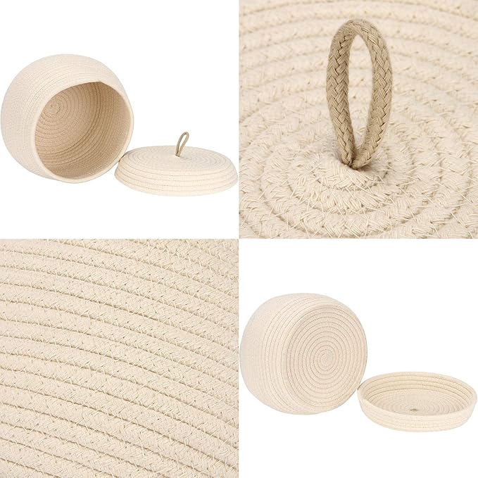 Sea Team Round Cotton Rope Storage Basket with Lid, Decorative Woven Storage Bin, Pot, Caddy, Organizer, Container for Snacks, Towels, Plants (Cream, Small/2-Pack)