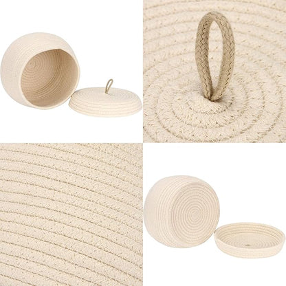 Sea Team Round Cotton Rope Storage Basket with Lid, Decorative Woven Storage Bin, Pot, Caddy, Organizer, Container for Snacks, Towels, Plants (Cream, Small/2-Pack)