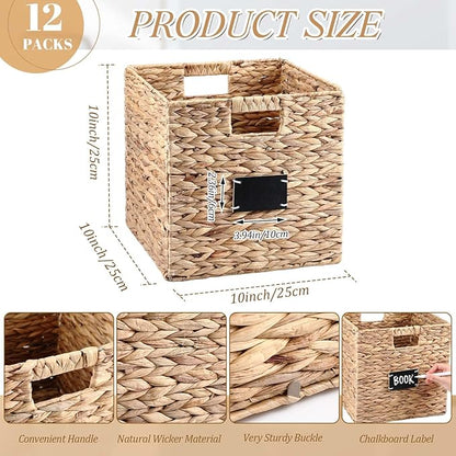 Jinei 12 Pcs Wicker Storage Basket Bulk, 10 x 10 x 10 Inch Handwoven Hyacinth Folding Cube Bin with Handles Labels for Shelves Pantry Laundry Organization