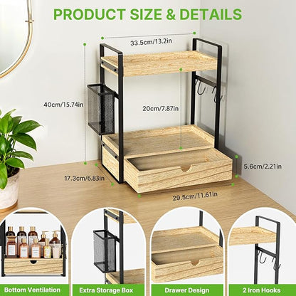2-Tier Bathroom Counter Organizer with Drawer Basket and Hooks, Wood Bathroom Organizers and Storage for countertop, Farmhouse Brown Countertop Organizer, Counter Shelf for Vanity, Kitchen, Office