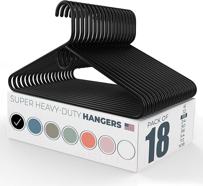 Super Heavy Duty Clothes Hangers 18 Pack – Made in the USA - 10lb Capacity, Thick Plastic Hangers for Pants, Coats, Jackets, Jeans and Adult Clothing – Black