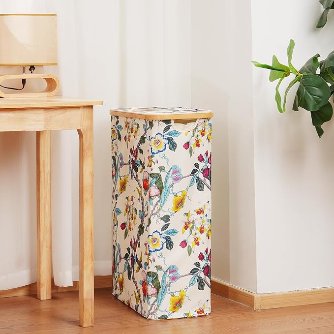efluky Slim Laundry Basket with Lid, Narrow Laundry Hamper with Removable Bag, Skinny Dirty Clothes Basket with Bamboo Handles for Bathroom, Bedroom & Laundry Room, 75L Floral