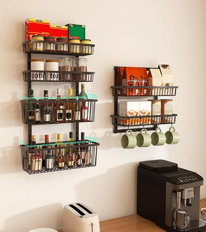Mefirt Over The Door Pantry Organizer, Pantry Organization and Storage, 6-Tier Deep Baskets Hanging Heavy-Duty Metal, Wall Spice Rack Seasoning Shelves for Home & Kitchen, Laundry Room Bathroom, Black