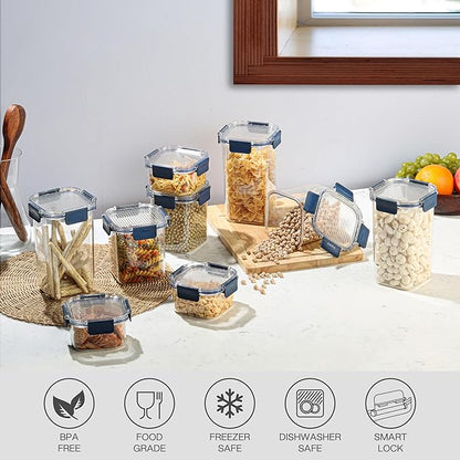 CELLO Stack Lock 9 Pack Airtight Fridge Storage Containers BPA Free for Dry Food, Legumes, Spices (900ml, 450ml + 1300ml) x 3 each, Blue