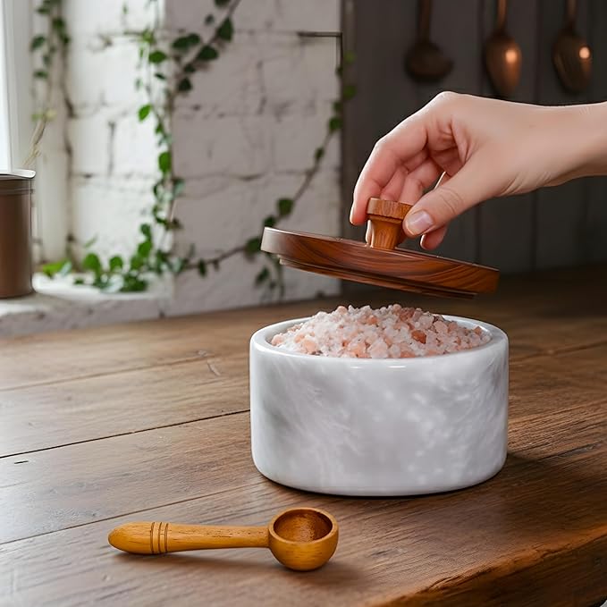 Marble salt cellar with lid and spoon, salt container with spoon, salt bowl with acacia wood lid, salt holder for countertop, salt jar - White