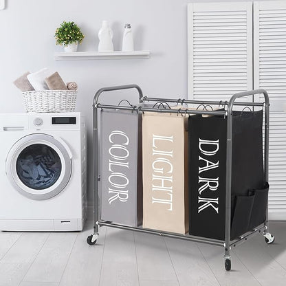 STORAGE MANIAC 3 Section Laundry Sorter, 35.9 Gal (136 L) Laundry Hamper Cart with Heavy Duty Rolling Lockable Wheel and Removable Bag, Clothes Organizer Basket Clothes Separator Hamper, Multicolored