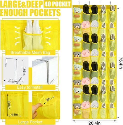 Windyun 40 Over the Door Shoe Organizer Large Mesh Pocket Hanging Shoe Rack for Closet Yellow Nonslip Behind Door Storage Holder Back to School Organizer for Dorm Room College Classroom Storage