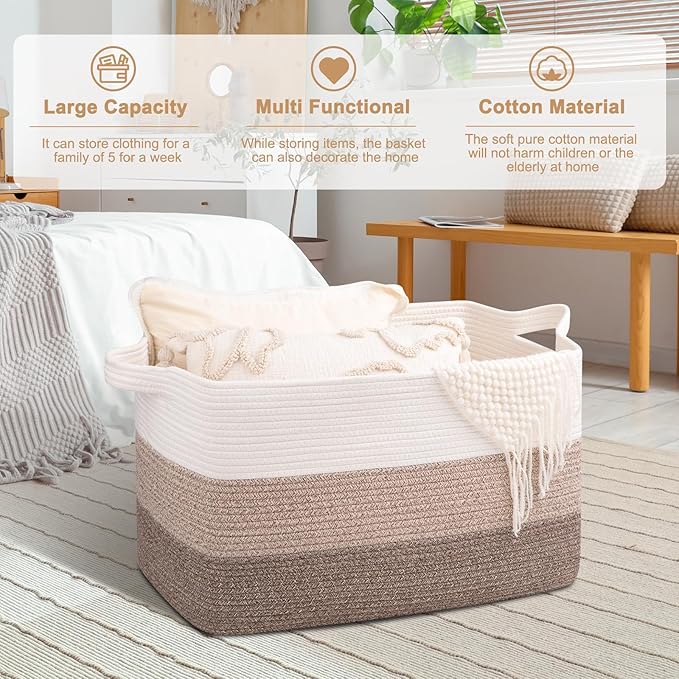 OIAHOMY Extra Large Blanket Basket, 95L Cotton Rope Woven Laundry Basket, Toy Bin for Baby Room, Container for Blanket Storage in Living Room, 24''×17''×14'', Gradient Brown