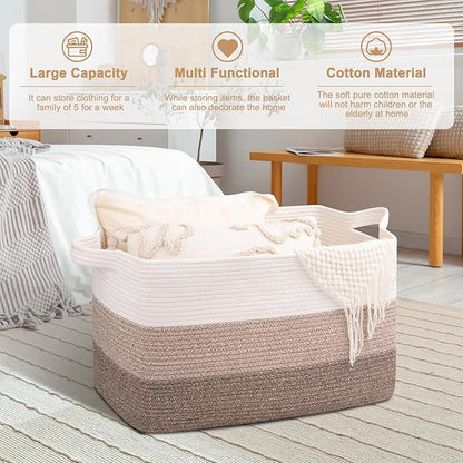 OIAHOMY Extra Large Blanket Basket, 95L Cotton Rope Woven Laundry Basket, Toy Bin for Baby Room, Container for Blanket Storage in Living Room, 24''×17''×14'', Gradient Brown