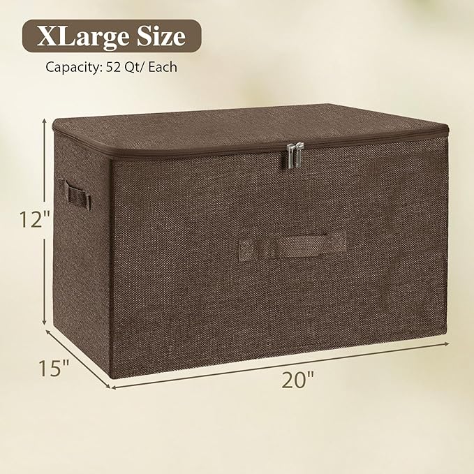ANMINY 2PCS Storage Bins with Zipper Lids 51.9 Qt Lidded Fabric Storage Boxes Baskets Cubes with Handles Collapsible Washable Cotton Linen Closet Shelf Clothes Organizer - Coffee, Extra Large