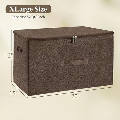 ANMINY 2PCS Storage Bins with Zipper Lids 51.9 Qt Lidded Fabric Storage Boxes Baskets Cubes with Handles Collapsible Washable Cotton Linen Closet Shelf Clothes Organizer - Coffee, Extra Large