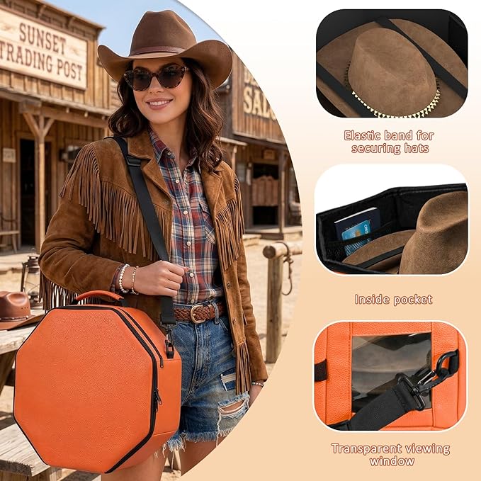 Vegan Leather Hat Box,Large Octagonal Hat Travel Fits 5 Cowboy or Wide-Brim Hats,Padded Hat Storage Organizer with Trolley Sleeve,Clear Window & Shoulder Strap,for Travel or Home Organization, Orange