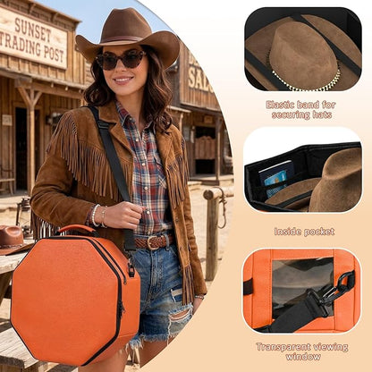 Vegan Leather Hat Box,Large Octagonal Hat Travel Fits 5 Cowboy or Wide-Brim Hats,Padded Hat Storage Organizer with Trolley Sleeve,Clear Window & Shoulder Strap,for Travel or Home Organization, Orange