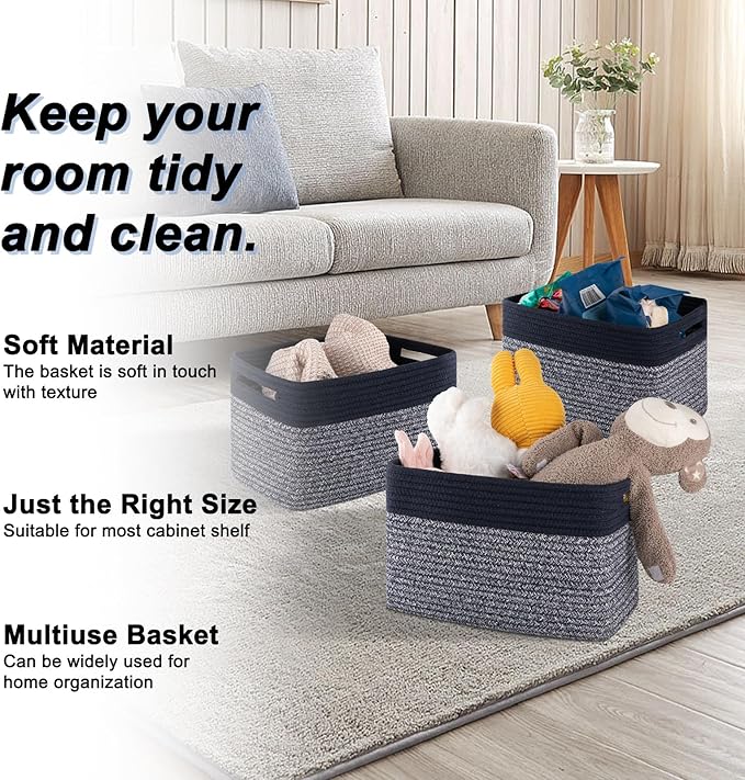 4 Pack Storage Baskets for Organizing, Woven Baskets for Shelves - Perfect for Toys, Books, Towels, and Clothes, Durable Gift Basket Bins Toy Storage, 12.7''L x9''W x7.8''H, Blue and Grey