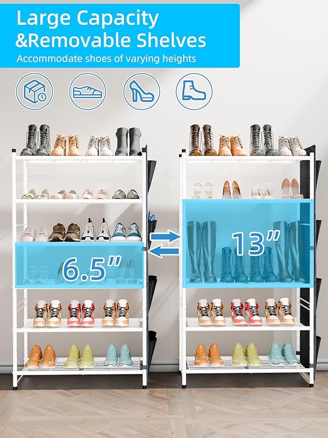 6 Tier 27" Metal Shoe Rack for Closet, Shoe Organizer Storage Shlef with Pocket, White