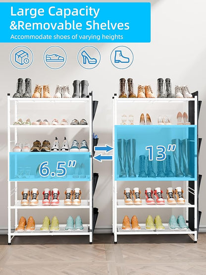 6 Tier 27" Metal Shoe Rack for Closet, Shoe Organizer Storage Shlef with Pocket, White