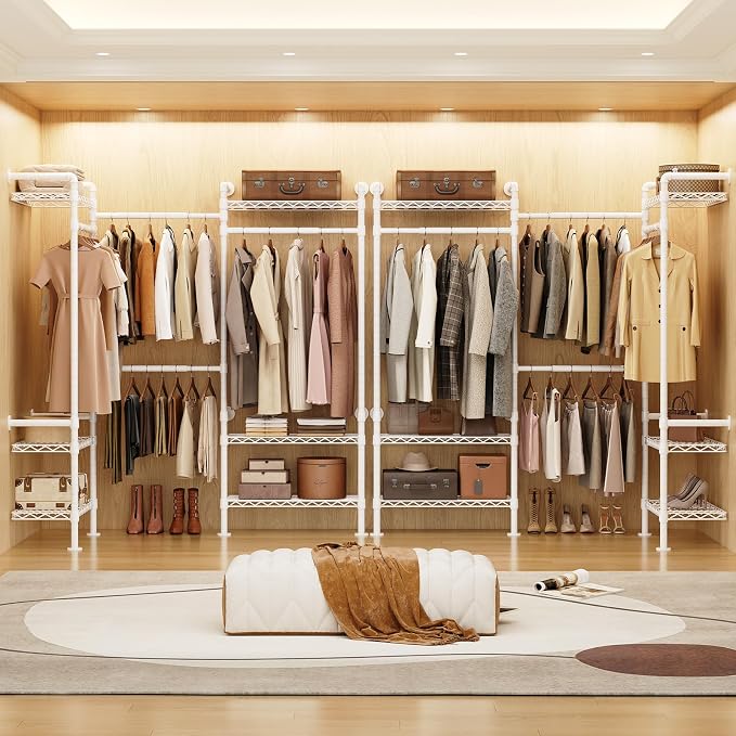 Wall-Mounted 3-Section Closet System, Expandable Industrial Pipe Clothing Rack with 4 Telescopic Rods & 6 Mesh Shelves, Heavy Duty Garment Organizer for Walk-In Closets & Bedrooms, White
