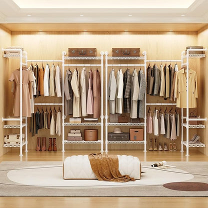 Wall-Mounted 3-Section Closet System, Expandable Industrial Pipe Clothing Rack with 4 Telescopic Rods & 6 Mesh Shelves, Heavy Duty Garment Organizer for Walk-In Closets & Bedrooms, White