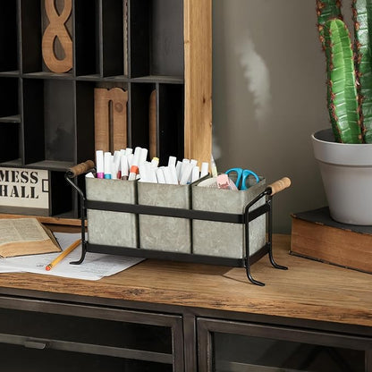 Silverware Caddy for Party Kitchen Flatware Holder for Countertop Farmhouse Galvanized Cutlery Organizer with 3 Compartments for Utensils, Spoons, Knives, Forks, Cups