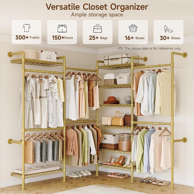ONBRILL L4 Wall Mounted Industrial Pipe Clothing Rack, Closet Organizer System with 6 Hanging Clothes Rods ( 4 Expandable Rods) & 8 Shelves, Heavy Duty Corner Garment Rack, Large Wardrobe - Gold