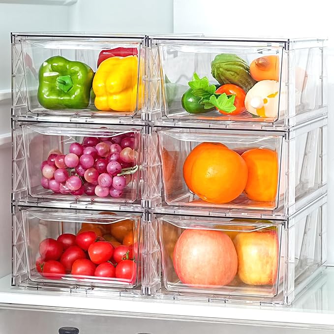 Clemate 6Pack Pantry Organizers and Storage,Clear Stackable Kitchen Storage Organizer,Foods Organizer Bins with Handles, Easily Assemble for Bathroom, Kitchen, Refrigerator, Pantry, Cabinet, Closet
