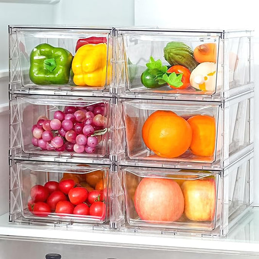 Clemate 6Pack Pantry Organizers and Storage,Clear Stackable Kitchen Storage Organizer,Foods Organizer Bins with Handles, Easily Assemble for Bathroom, Kitchen, Refrigerator, Pantry, Cabinet, Closet