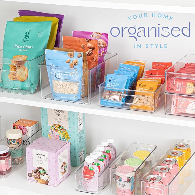 Plastic Food Storage 2 Pack Clear Container Bin with Handles for Organizing Kitchen, Pantry, Refrigerator, Freezer, Pantry, Cabinet, Closet, Bathroom 10”x8”x5”