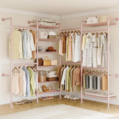 ONBRILL L4 Wall Mounted Industrial Pipe Clothing Rack, Closet Organizer System with 6 Hanging Clothes Rods ( 4 Expandable Rods) & 8 Shelves, Heavy Duty Corner Garment Rack, Large Wardrobe - Pink