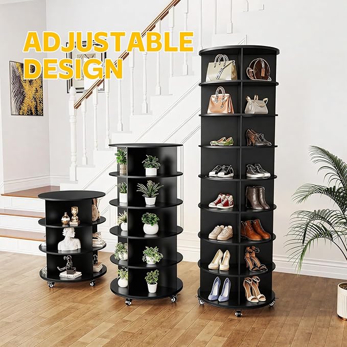 8 Tier Rotating Shoe Rack, Shoe Tower Organizer with 4 Universal Casters, Spinning Lazy Susan Display Storage Rack Round Carousel Vertical Handbag Closet (Dark Black, 23.6’’×23.6’’×74’’)