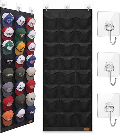 Hat Organizer for Baseball Caps, 24 Deep Pockets Hat Rack, Breathable & Visible, Black Hat Holder with 3 Hooks for Door, Bedroom, Closet Organizer