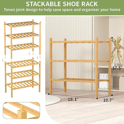 ROMGUAR CRAFT 3-Tier Bamboo Small Shoe Rack, Free Standing Wood Shoe Shelf Storage Organizer for Closet Entryway Stackable (Natural)