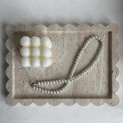 Natural Scalloped Marble Tray, 10.7"x7.87", Rectangle for Bathroom & Kitchen, Decorative for Dresser (Beige Travertine)
