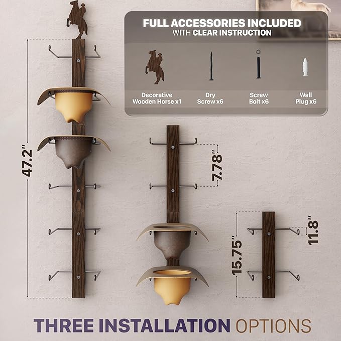 P-ALADIN Cowboy Hat Holder with Horse Decor, Cowboy Hat Rack for Wall, 6-Piece Wall-Mount Western Hat Organizer with Wooden Board – Storage Hat Holder Organizer