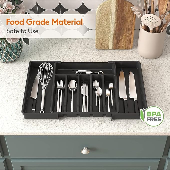 Silverware Drawer Organizer, Expandable Kitchen Drawer Organizer, Adjustable Cutlery Storage, Flatware and Cutlery Holder for Spoons Forks Knives (Black)