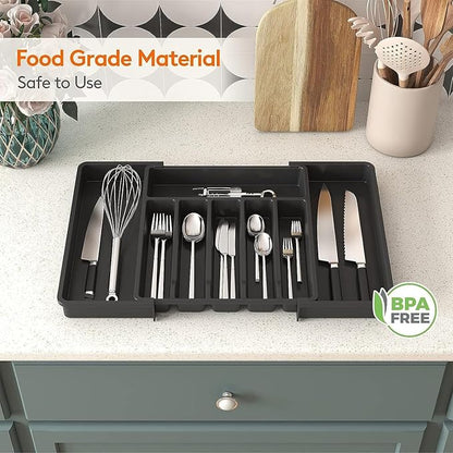Silverware Drawer Organizer, Expandable Kitchen Drawer Organizer, Adjustable Cutlery Storage, Flatware and Cutlery Holder for Spoons Forks Knives (Black)